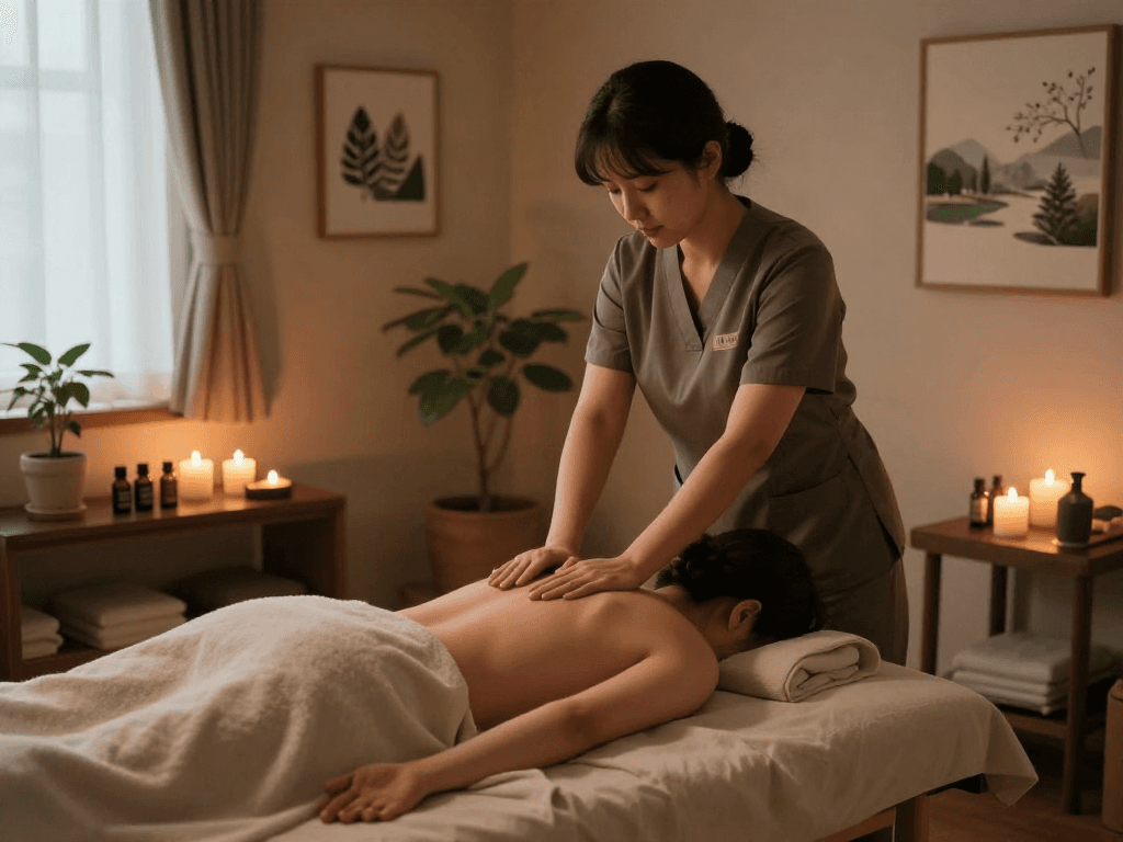 Relaxing 김포출장마사지 session in a tranquil therapy room with candles and nature decor.