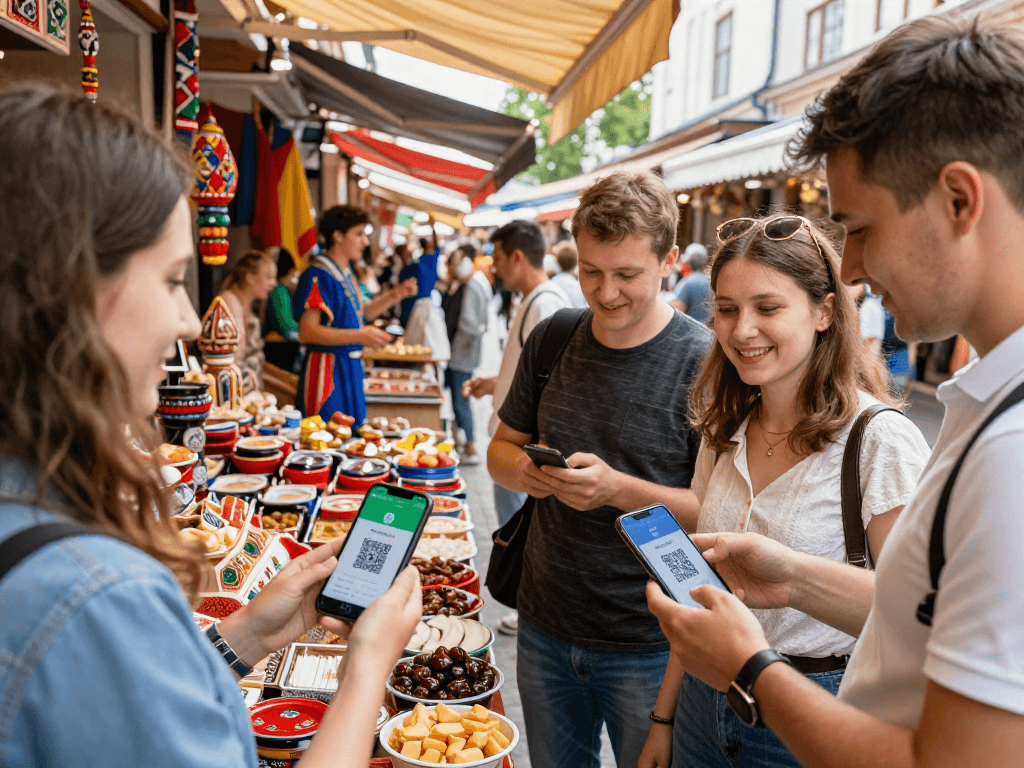 Betaal eenvoudig in Rusland met https://payinrussia.com/ in een levendige markt vol toeristen.