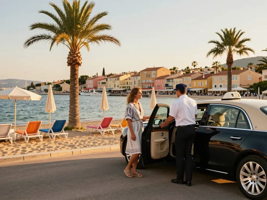 Service de taxi de luxe à Saint-Tropez avec un chauffeur professionnel accueillant les voyageurs au coucher du soleil sur la Côte d'Azur.