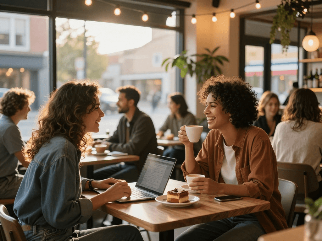 f168 dating couple enjoying coffee in a cozy urban cafe, showcasing vibrant dating atmosphere.
