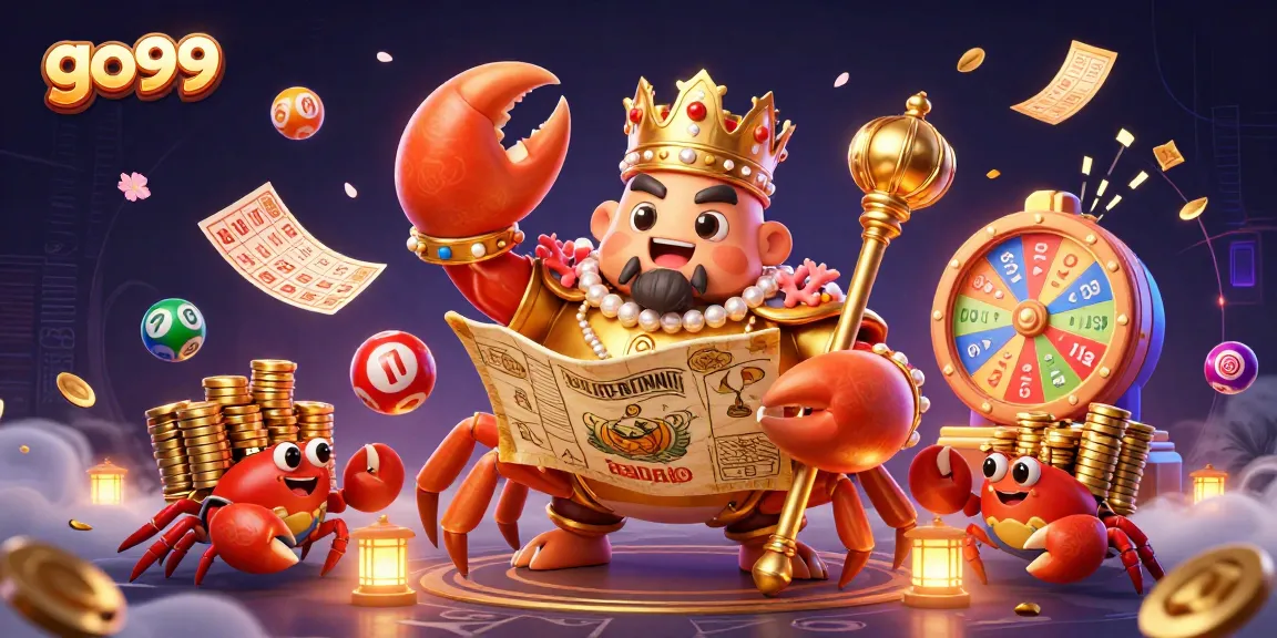 Engage with go99's vibrant gaming world, featuring golden crab emperor amidst dynamic casino elements.