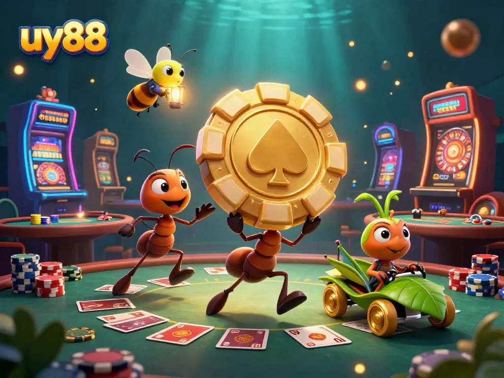 Experience thrilling gameplay with uy88's poker heist scene illustrated in vibrant 3D style.