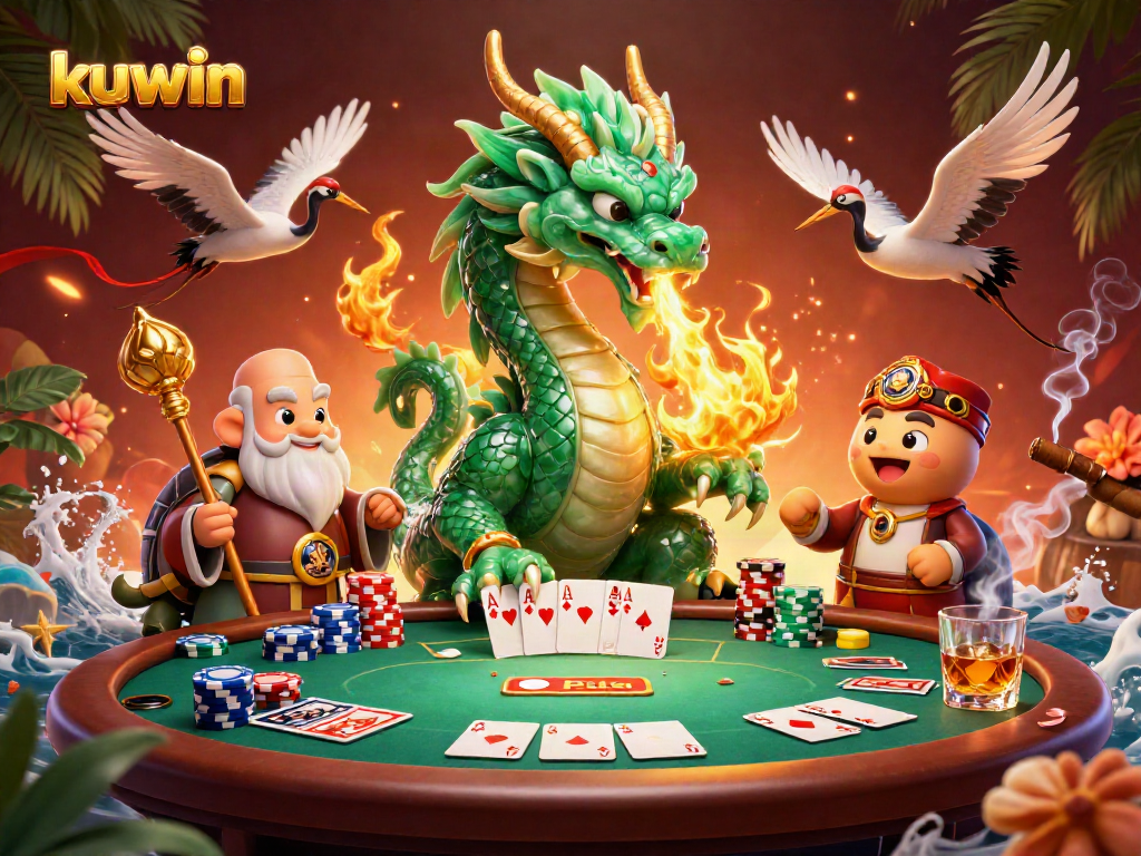 Kuwin's immersive gaming experience illustrated with a jade dragon, poker table, and lucky cranes.
