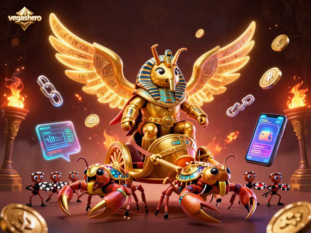 Explore the vibrant casino landscape with vegashero: a golden scarab and crypto symbols in dazzling action.