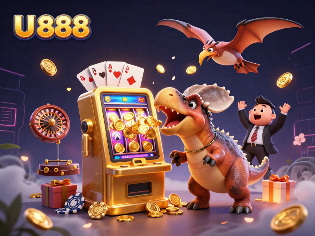 Catch golden jackpot coins at U 888 with an exciting dinosaur-themed casino setup.