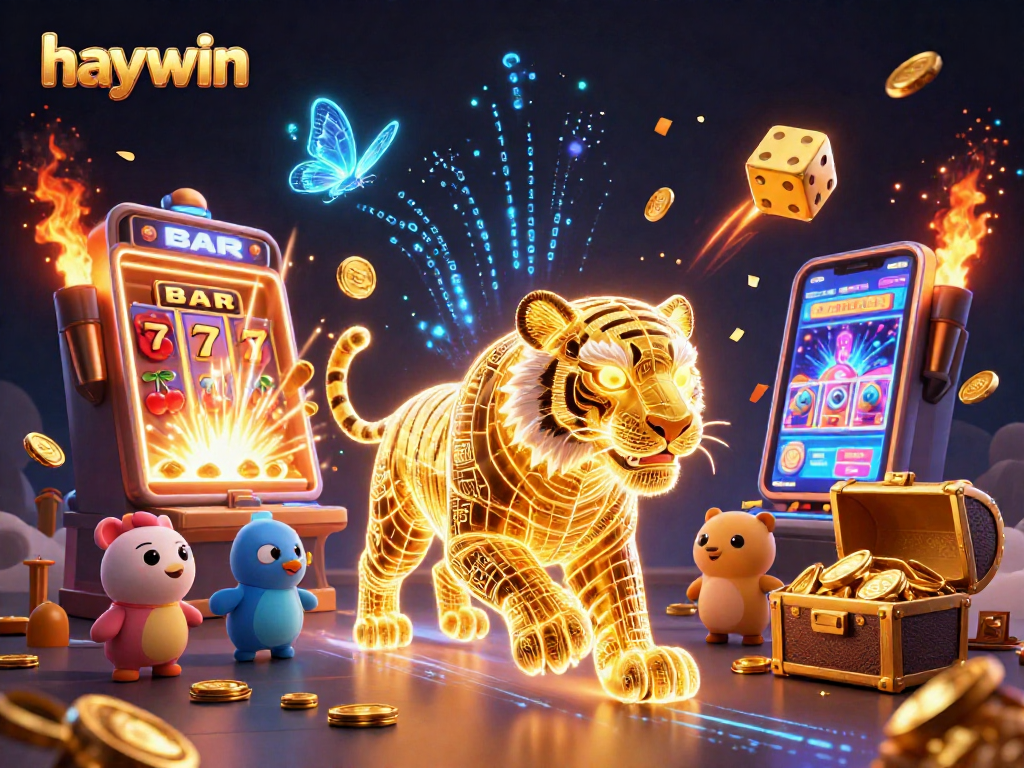 Experience the excitement of haywin with a vibrant 3D casino scene featuring a golden tiger and slot machine.