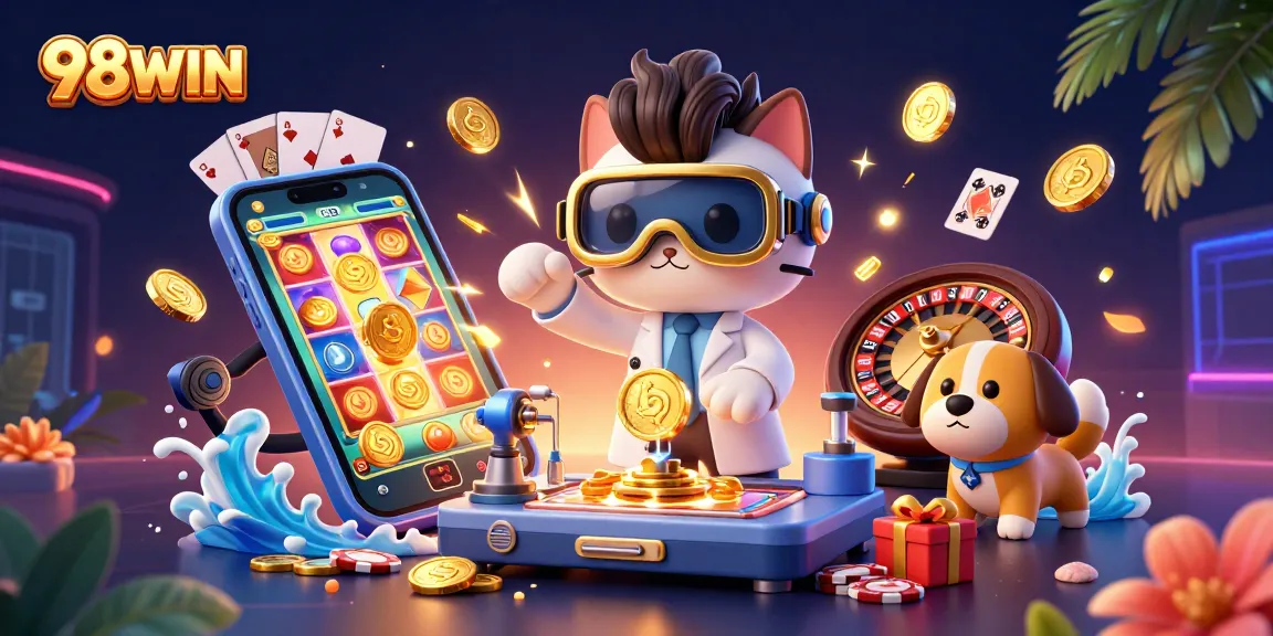 Experience thrilling moments at 98WIN with the mad scientist cat and dog in a vibrant casino scene.