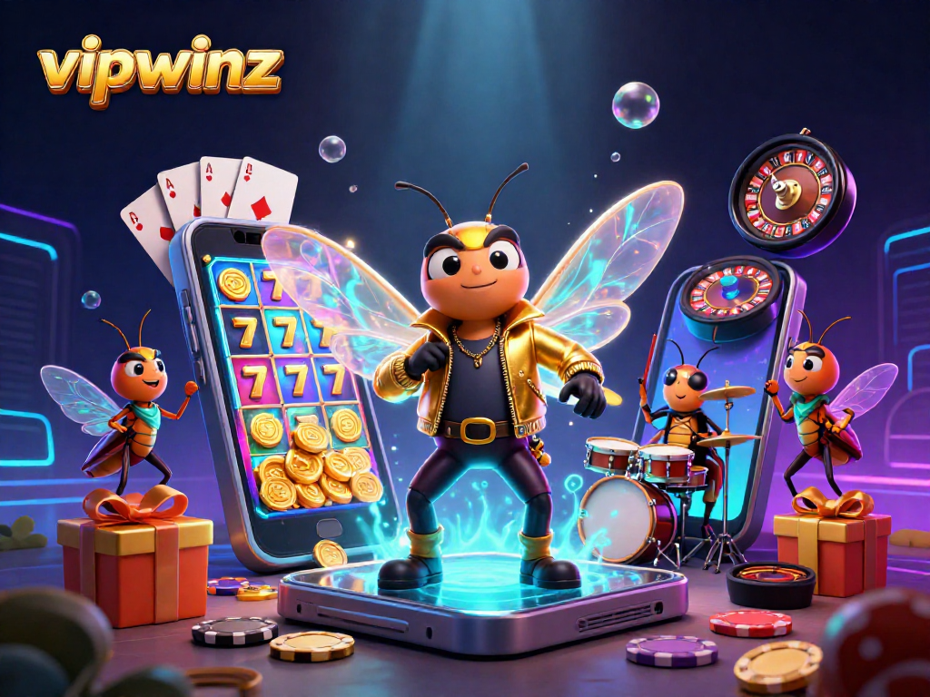 Experience the thrilling action at vipwinz with a vibrant 3D casino scene filled with slot games and energetic characters.