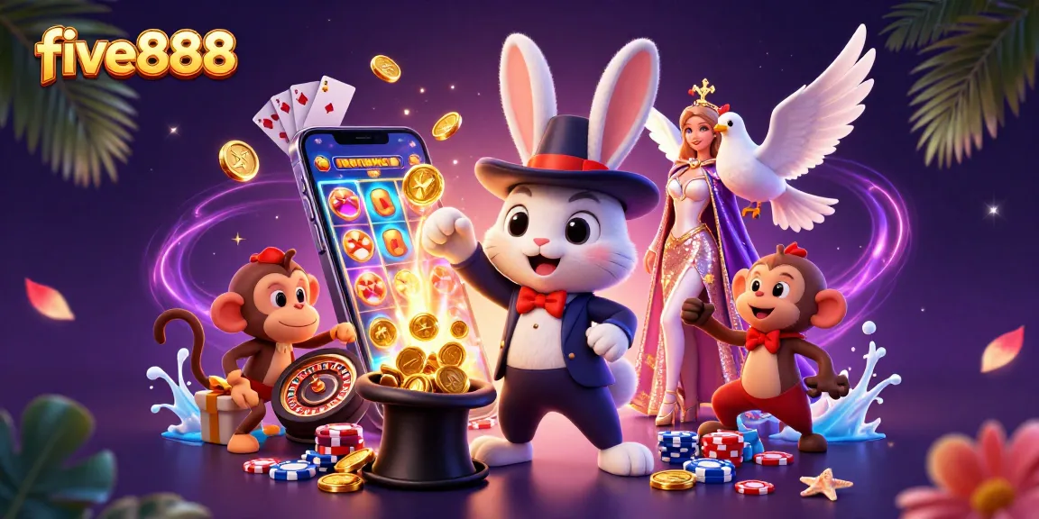 Experience the thrill of five888 with a magician rabbit showcasing golden coins, set against a vibrant casino backdrop.