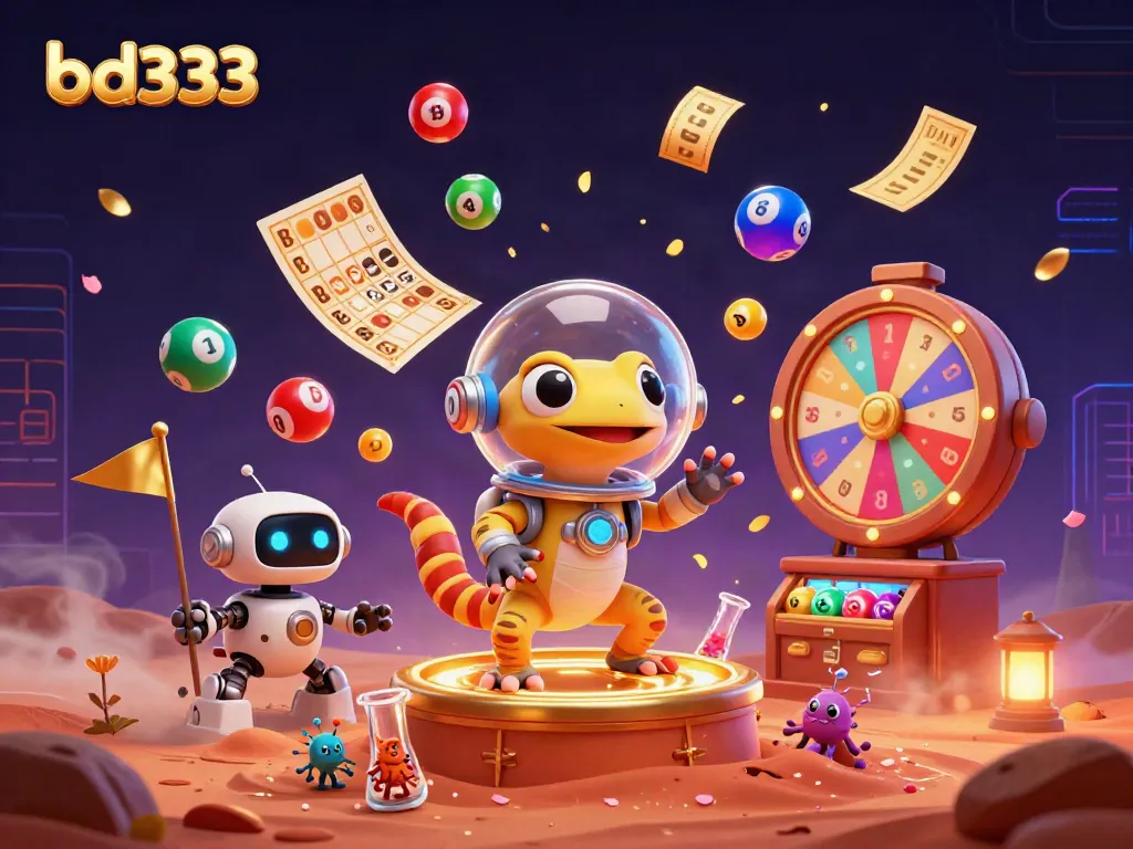 Experience the vibrant world of bd333, where a Martian gecko explores a buried casino amidst dynamic lottery elements.