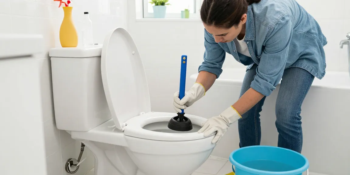Gerusteloze eigenaar inspecteert verstopte wc met hulpmiddelen in een heldere badkamer.