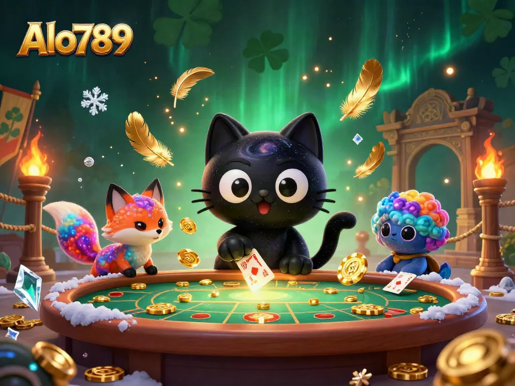 Alo789 showcases a cosmic casino scene with vibrant characters and dynamic gaming elements.