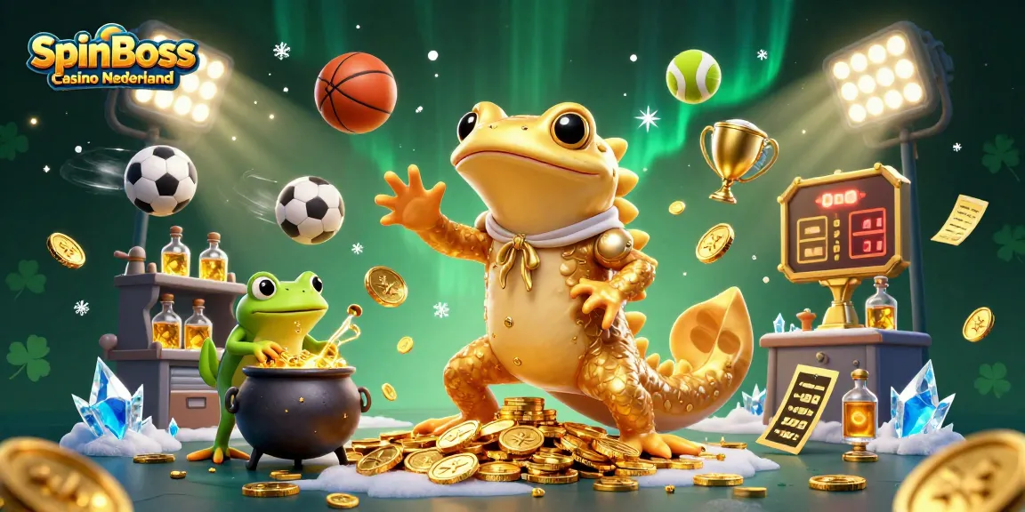 Dynamic 3D scene showcasing SpinBoss Casino Nederland with a golden salamander alchemist and sports elements.