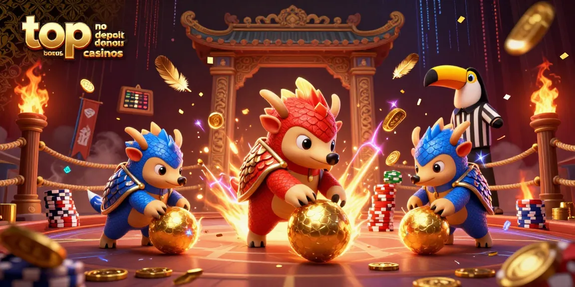 Engage with top no deposit bonus casinos featuring playful pangolin rivals in a dynamic 3D scene filled with gaming elements.