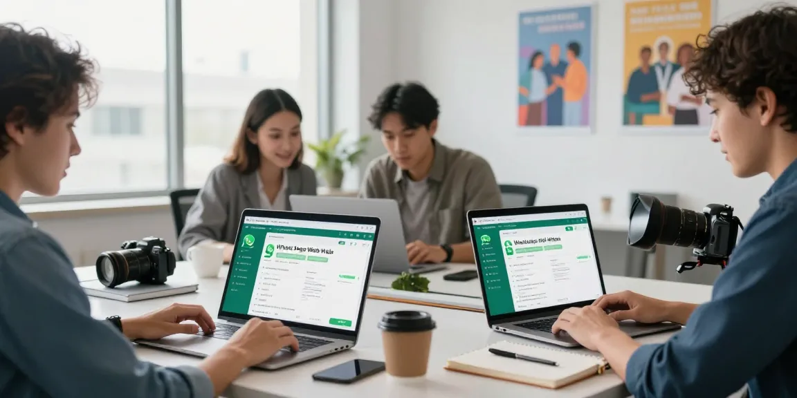 Dynamic office scene showing professionals using WhatsApp網頁版 for communication and collaboration in a modern workspace.