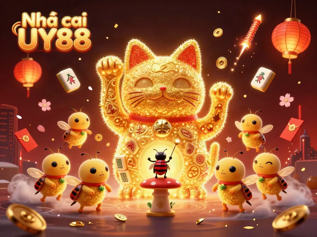 Experience the excitement at Nhà cái UY88 with a dynamic scene of a lucky cat surrounded by casino elements.