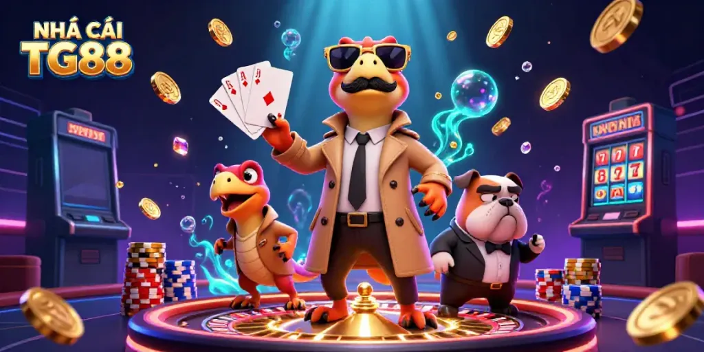 Engage with NHÀ CÁI TG88 as three raptors in a trench coat enter a casino scene, surrounded by casino riches.