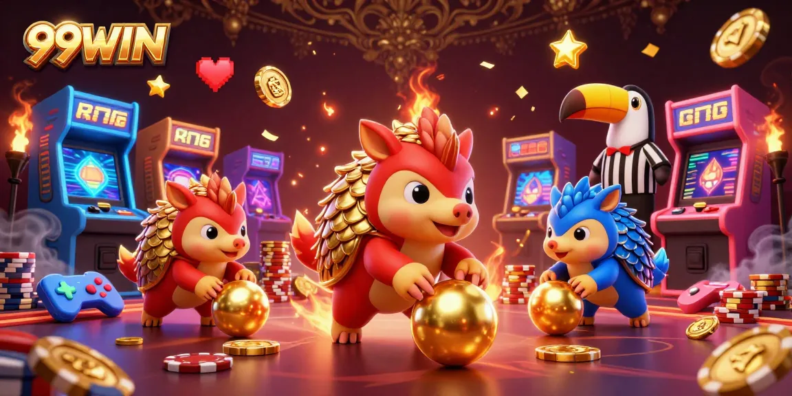 Experience the vibrant casino world of 99WIN with rival pangolins competing in a colorful game.