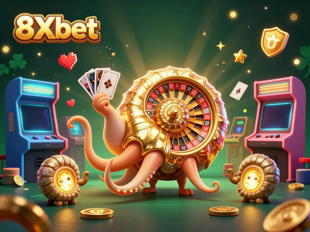Experience thrilling gameplay with 8Xbet at a dazzling casino scene featuring a giant nautilus and vibrant arcade machines.