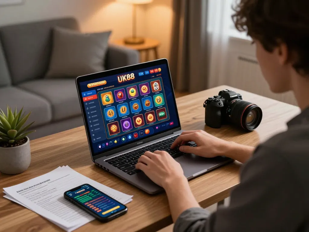 Gamer strategizing wins on uk88in while immersed in an online betting session.