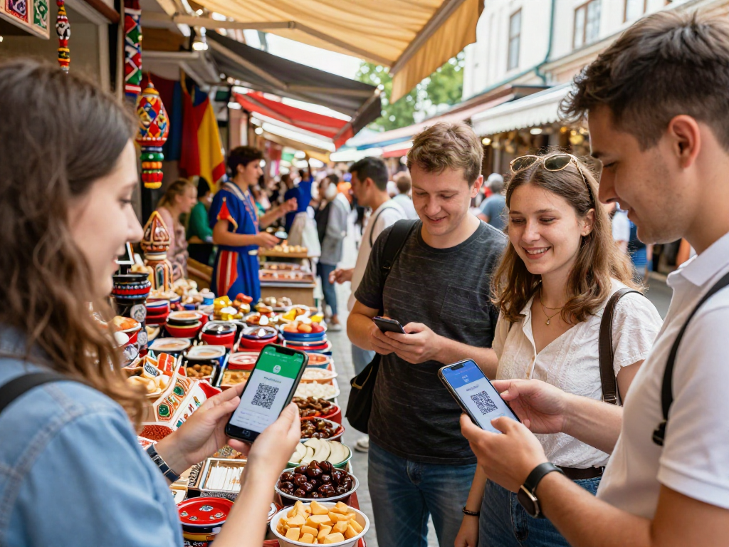 Betaal eenvoudig in Rusland met https://payinrussia.com/ in een levendige markt vol toeristen.