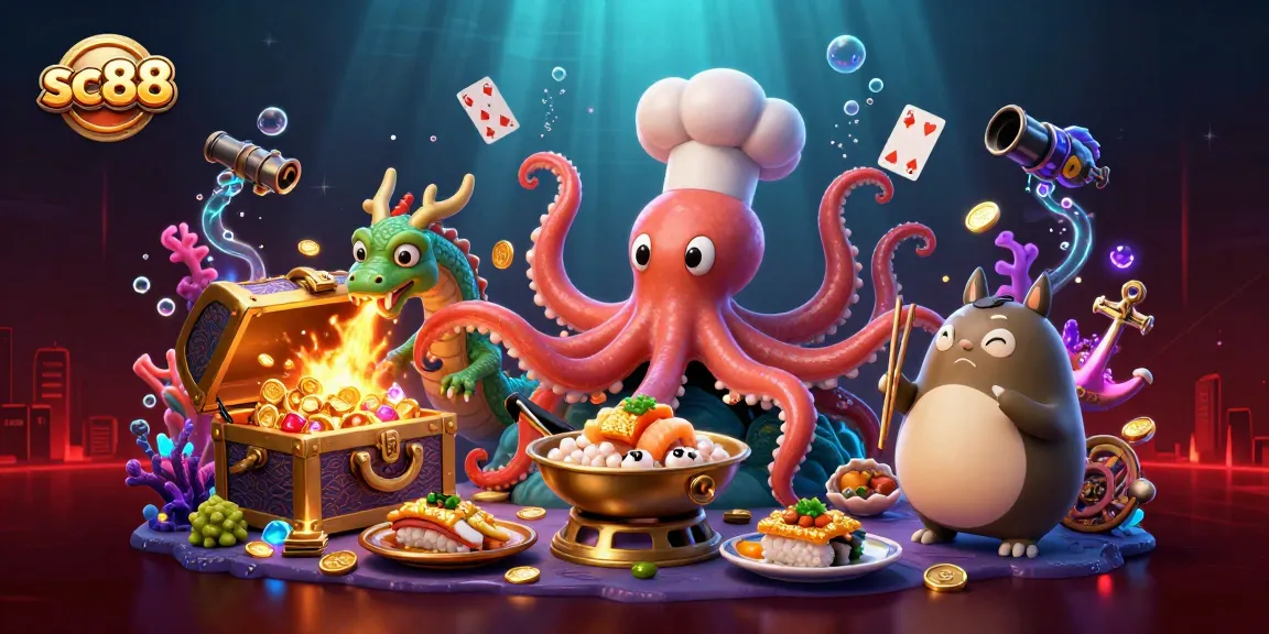 sc88 casino scene featuring an octopus chef, dragon, and tanuki, creating dynamic gaming excitement.