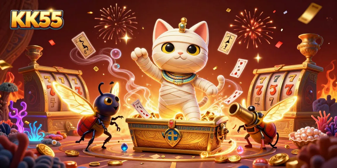 KK55 brings excitement with a cartoon mummy cat and golden treasures in a vibrant casino adventure.