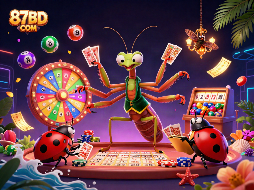 Engage in thrilling gameplay with 87BD COM at a lively casino scene featuring a mantis dealer and festive lottery elements.