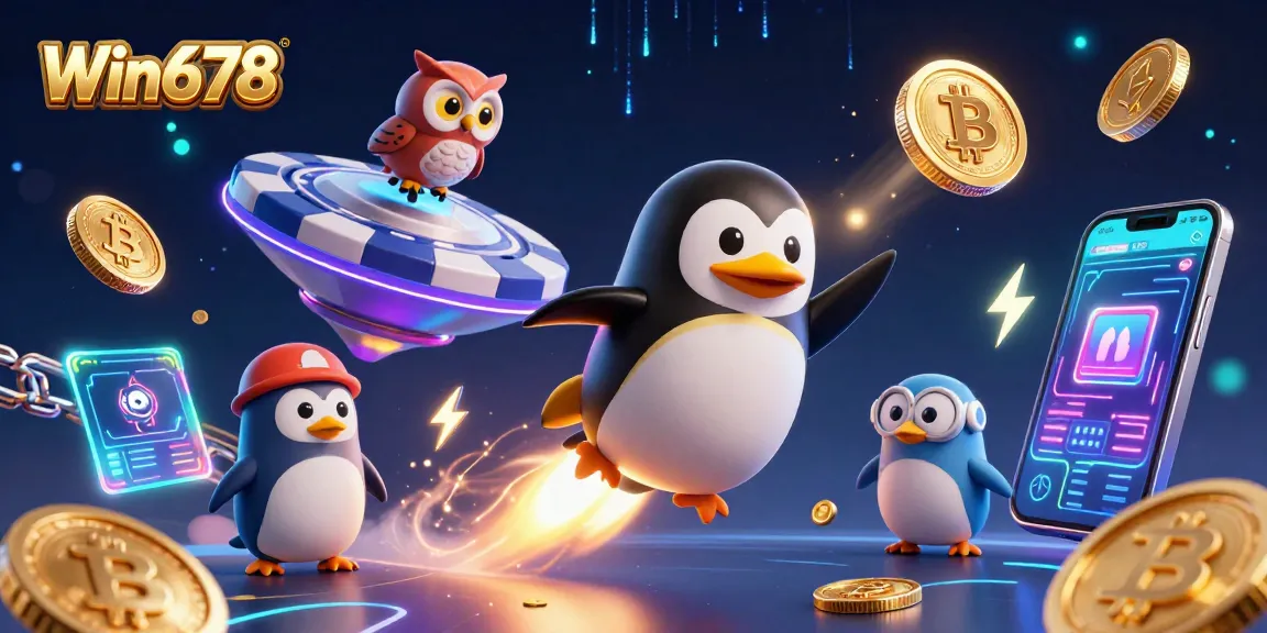 Experience thrilling gaming at Win678 with a vibrant illustration of a golden penguin and rich casino elements.