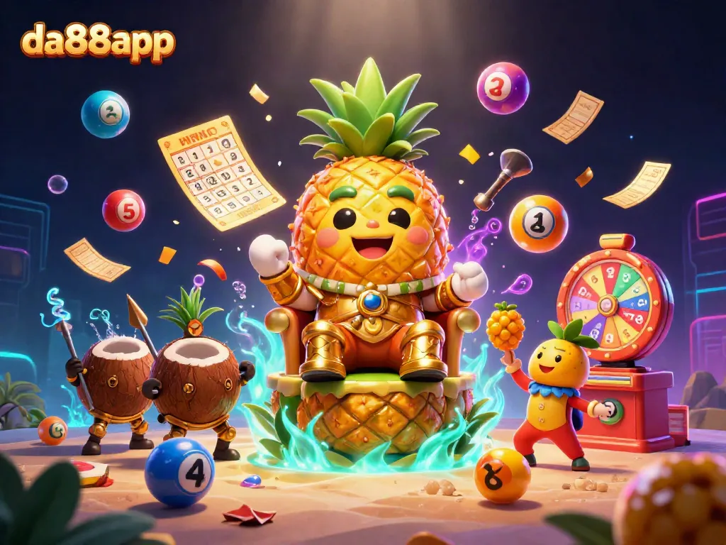 Experience the excitement of da88app with colorful lottery balls and a golden pineapple king in a dynamic casino scene.