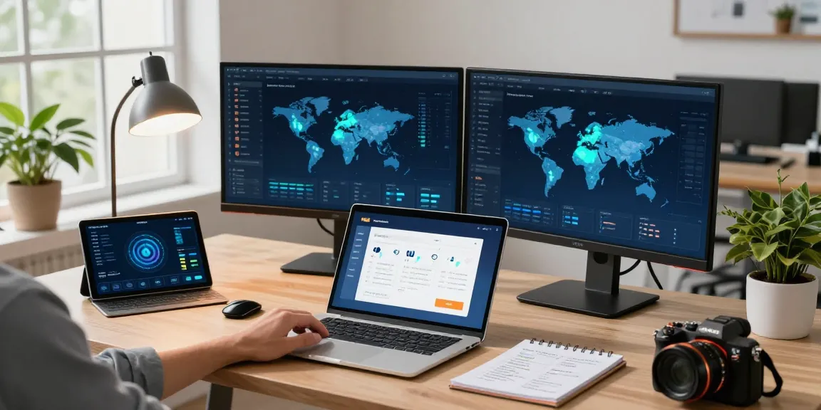 快连 application used on a laptop in a modern office workspace showcasing tech productivity.