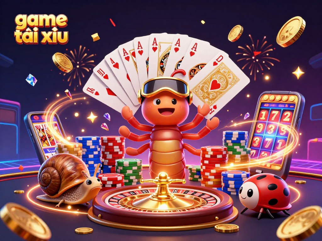 Exciting game tài xỉu scene featuring a millipede dealer and a snail high-roller with colorful casino elements.
