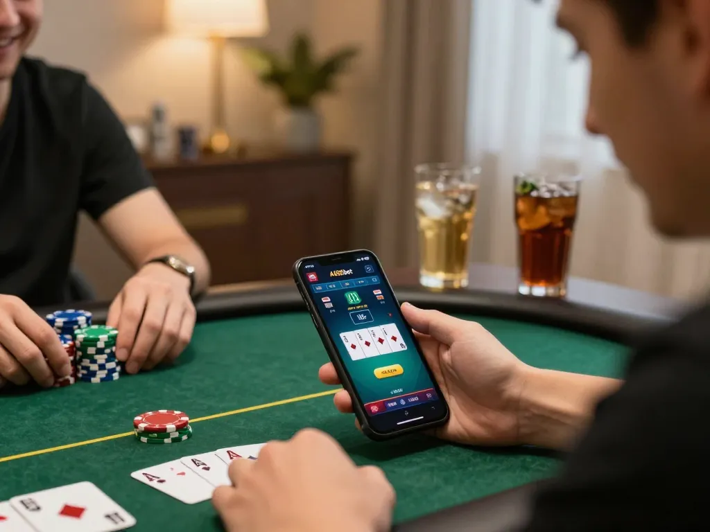 Player enjoying online poker on AI88bet mobile app, showcasing strategic gameplay in a cozy home.