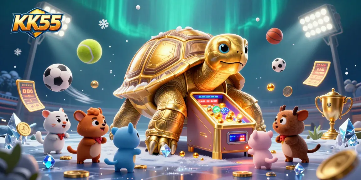 Engage with the KK55 gaming experience featuring a dynamic 3D illustration of a colossal golden tortoise pinball machine.