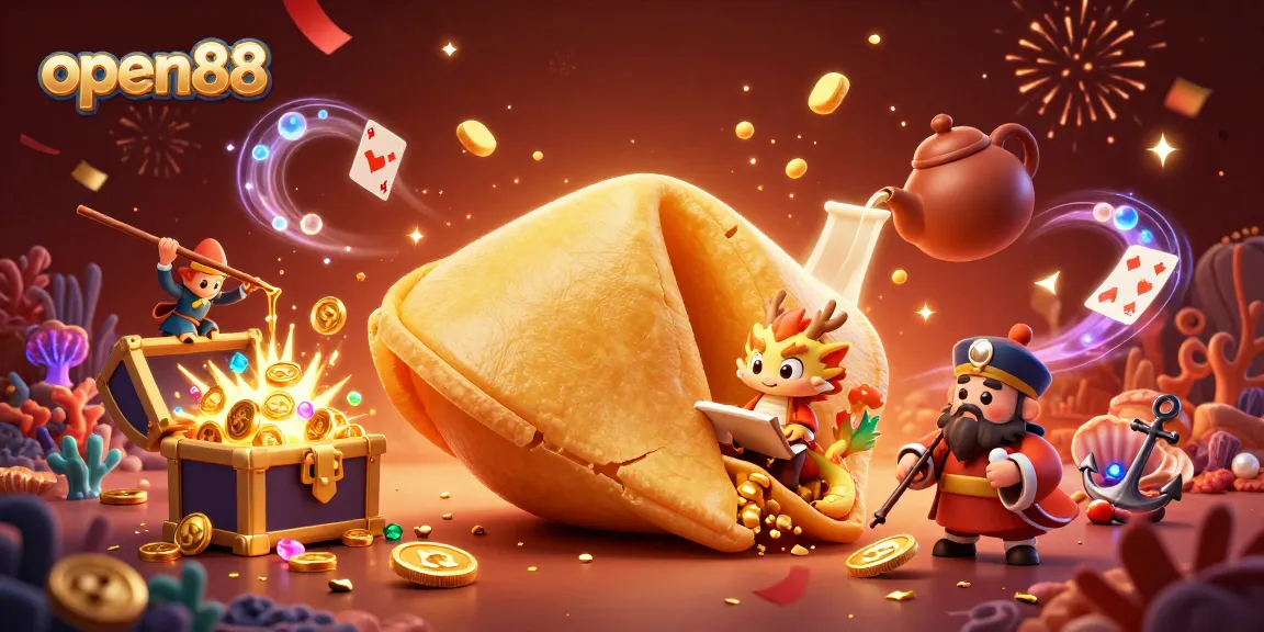 Engage with open88’s vibrant casino experience featuring a golden fortune cookie scene and dynamic treasures.