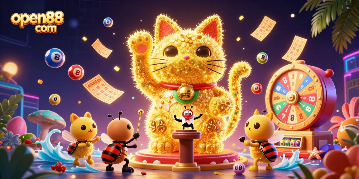 Engage with open88 com players in a vibrant 3D casino scene featuring dynamic lottery elements.