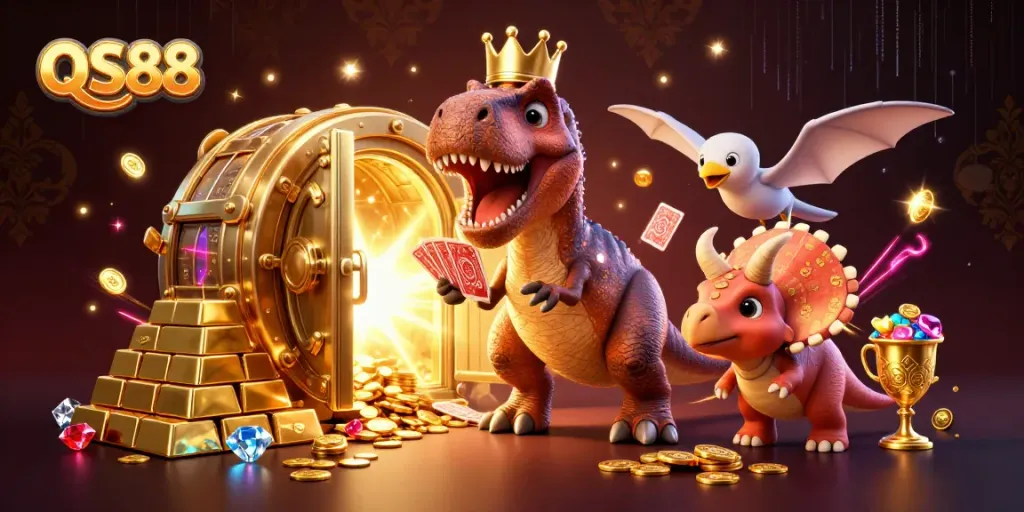 Experience thrilling gaming at QS88 with T-Rex and friends in an exciting casino scene.