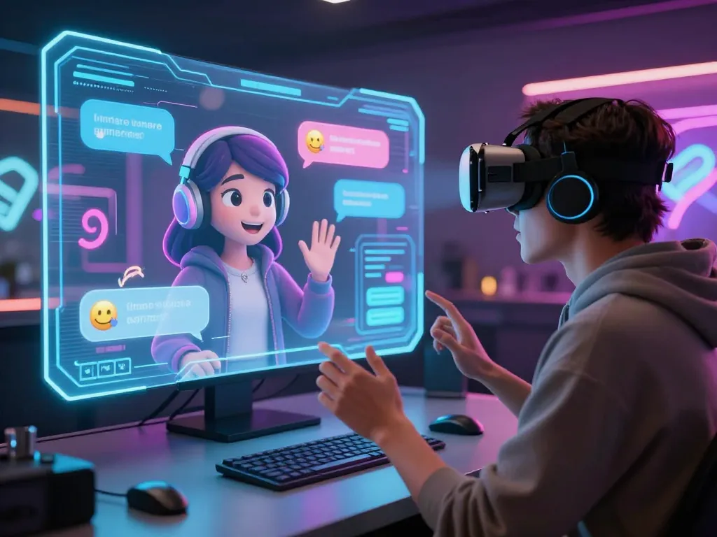 Engaging 18+ AI chat experience in vibrant virtual space with interactive digital avatar.