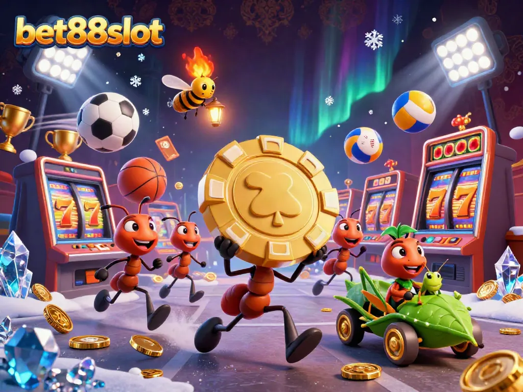 Experience the excitement of bet88slot with ants heisting a giant poker chip in a vibrant casino setting.