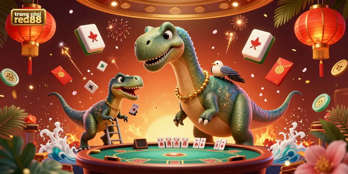 Experience the thrilling action at trang chủ red88, where a giant brontosaurus peers over a vibrant casino scene filled with high-stakes games.