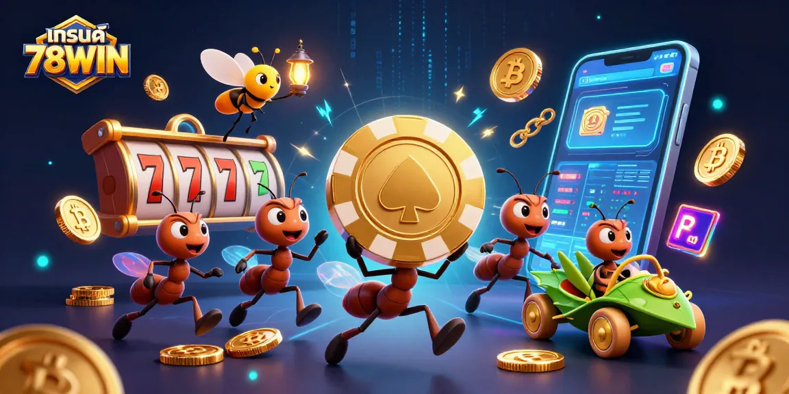 Experience the excitement of แบรนด์ 78WIN with ants heisting a golden poker chip in a vibrant casino scene.