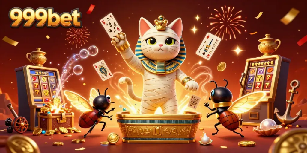Watch the thrilling 999bet Egyptian mummy cat and scarab beetle exploring a vibrant casino