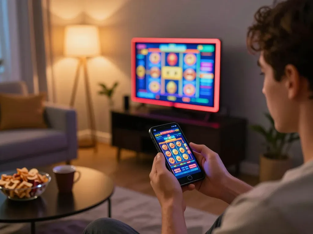 Memainkan permainan mendebarkan di slot88 apk melalui smartphone di pengaturan ruang tamu yang nyaman