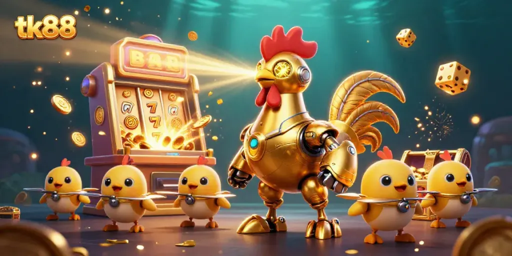 Watch tk88's thrilling jackpot explosion with a golden rooster robot and baby chick drones in action.
