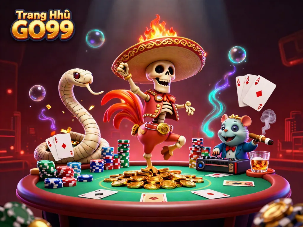 Experience a lively 'Trang Chủ GO99' scene with a triumphant skeleton rooster among poker elements.