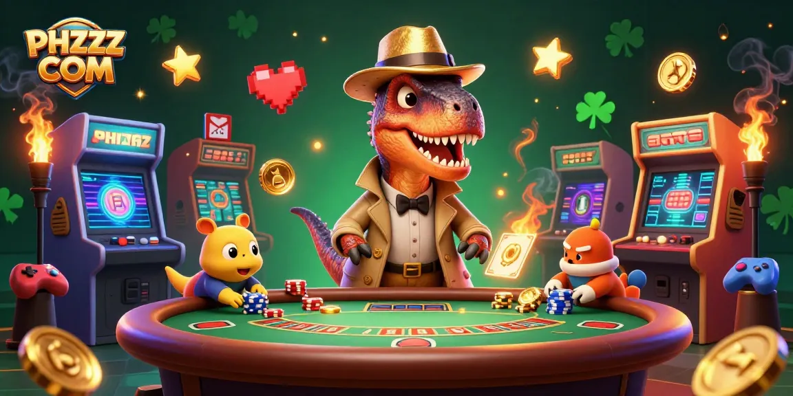 Join the action at PHZZZ COM with a velociraptor card counter and vibrant casino gaming elements.