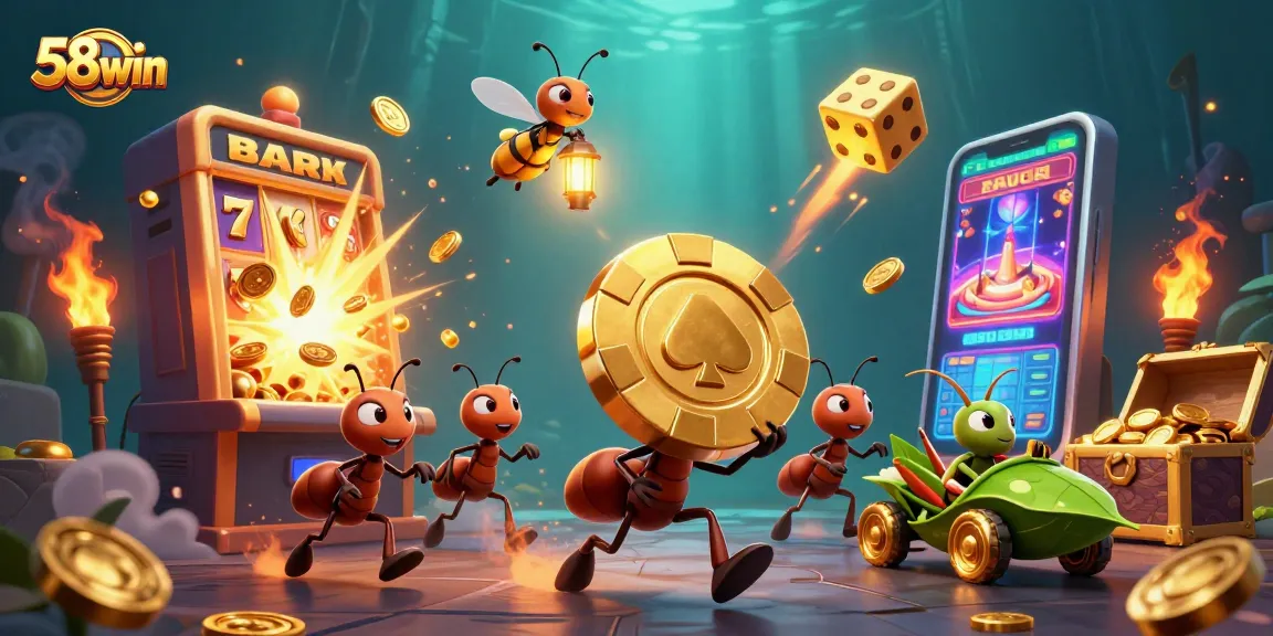 Experience the thrill of 58win as cartoon ants race with a giant poker chip amid a dazzling casino scene.