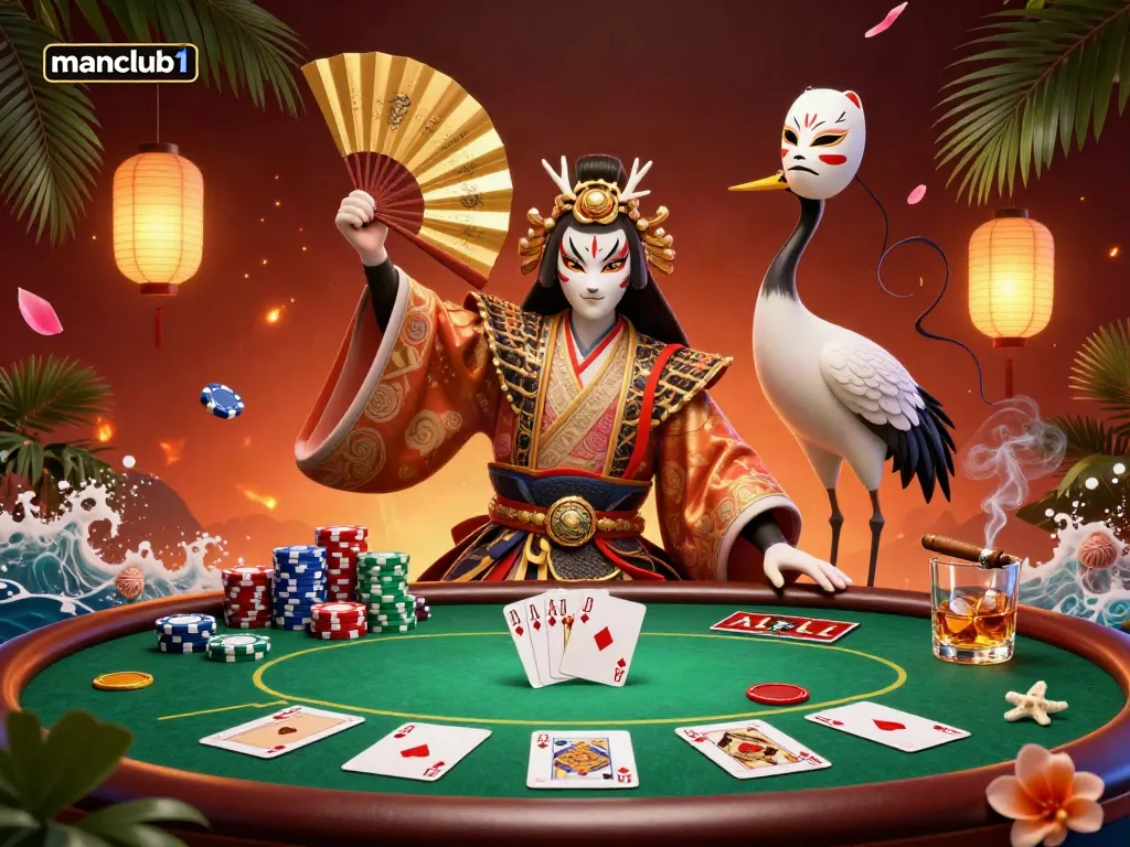 Join the excitement at manclub1 with a vibrant 3D poker scene featuring kabuki characters and dynamic game elements.