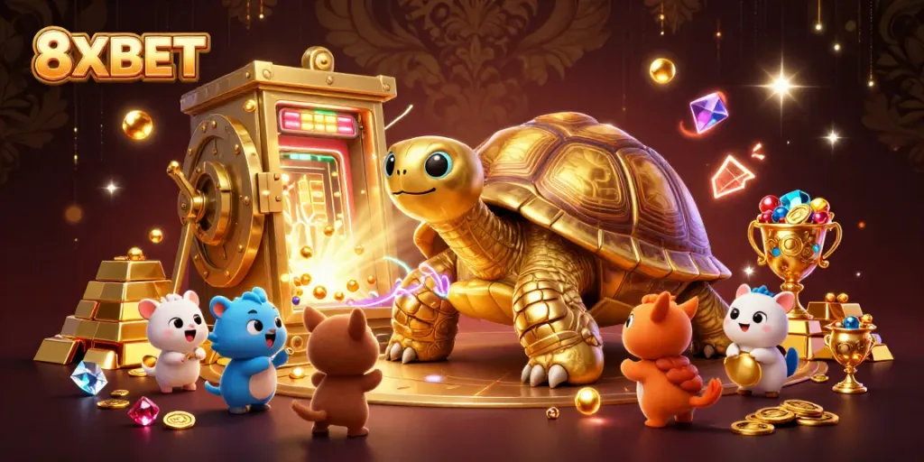 Play at 8XBET with a golden tortoise pinball machine surrounded by treasure and excitement.