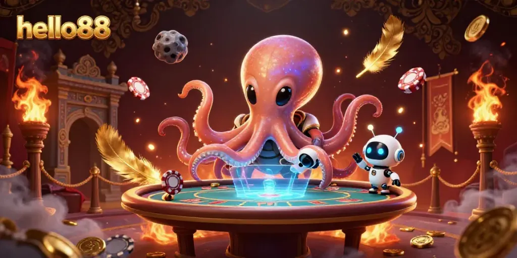 Experience thrilling poker action with hello88 featuring an alien octopus and robotic companion.